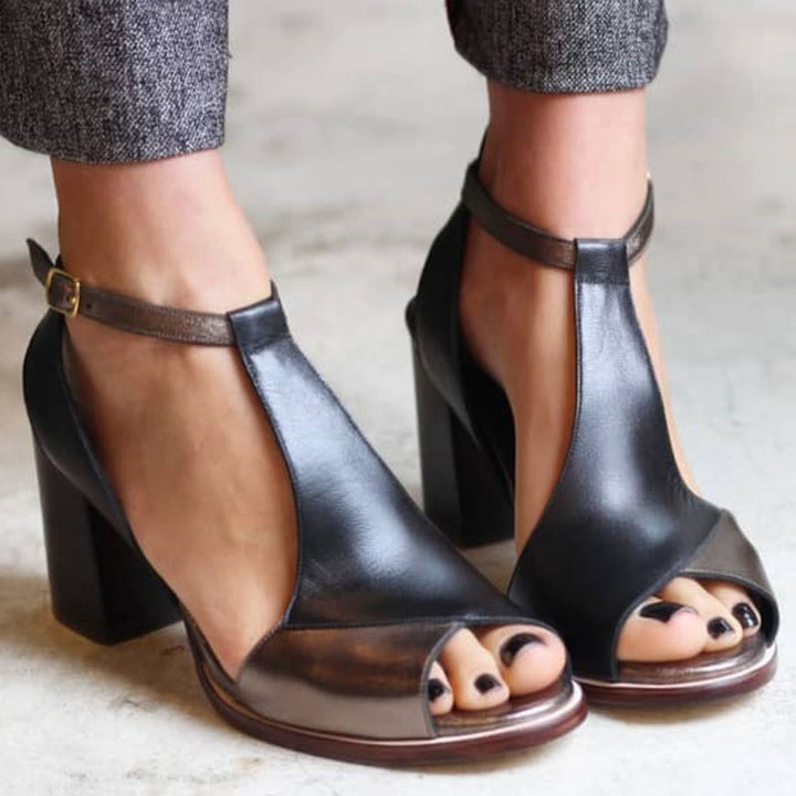 Tessa - Black patchwork peep toe heeled sandals